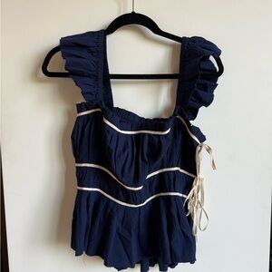 Free People Navy Blue Ruffle Blouse